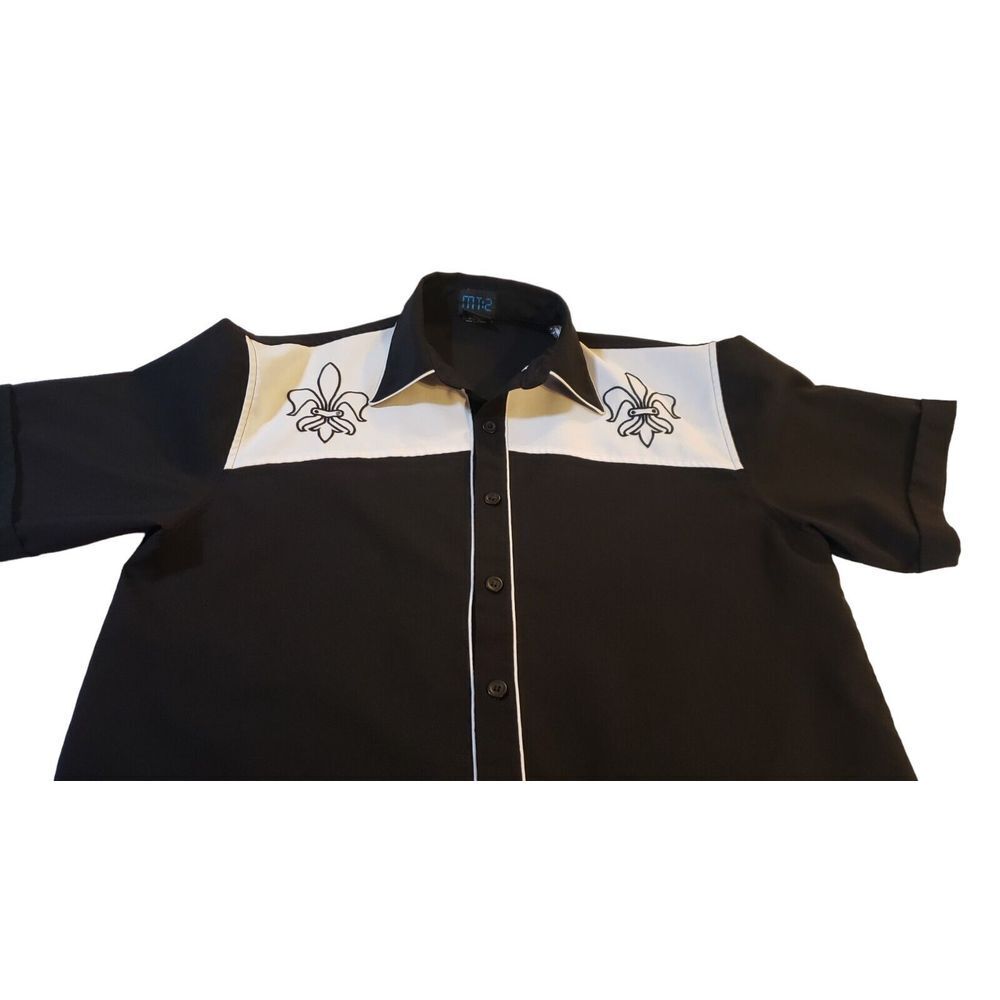 MT:2 Mens Black‎ White Fleur De Lis Button Down 100% Polyester Size Large L